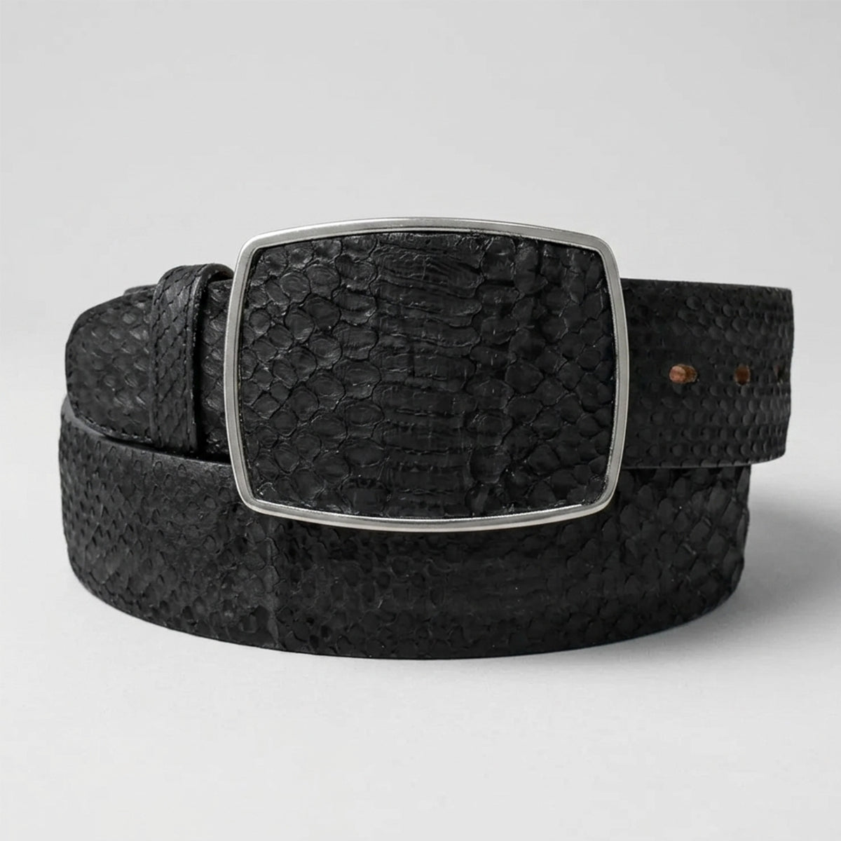 Los Altos black snakeskin python belt with square buckle.