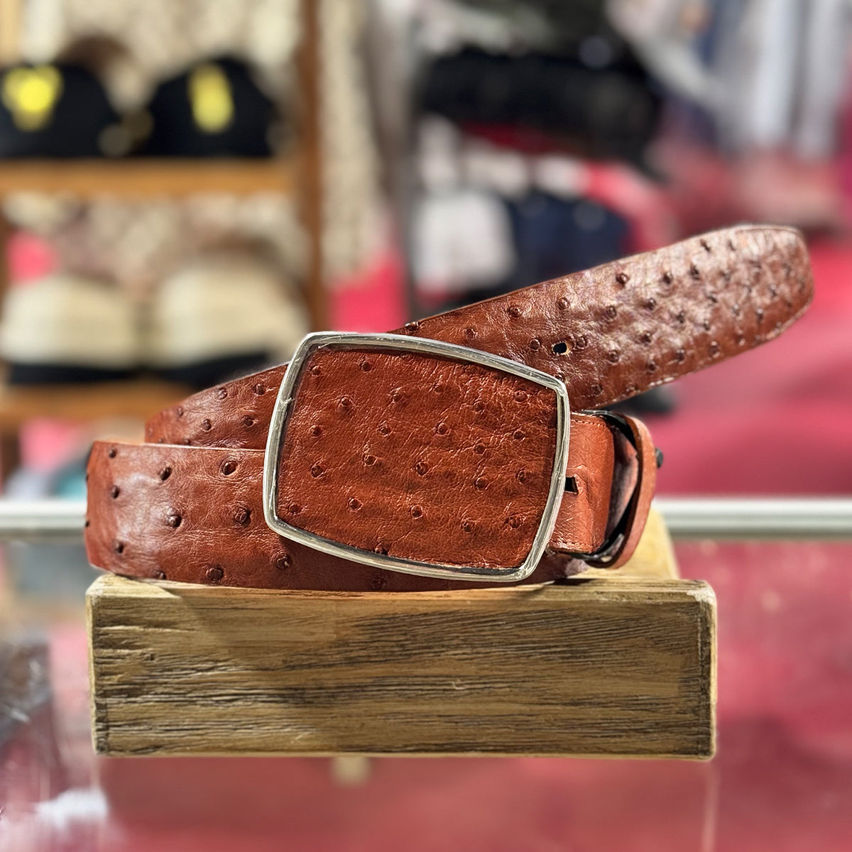 Los Altos men's genuine full quill ostrich belt cognac color.