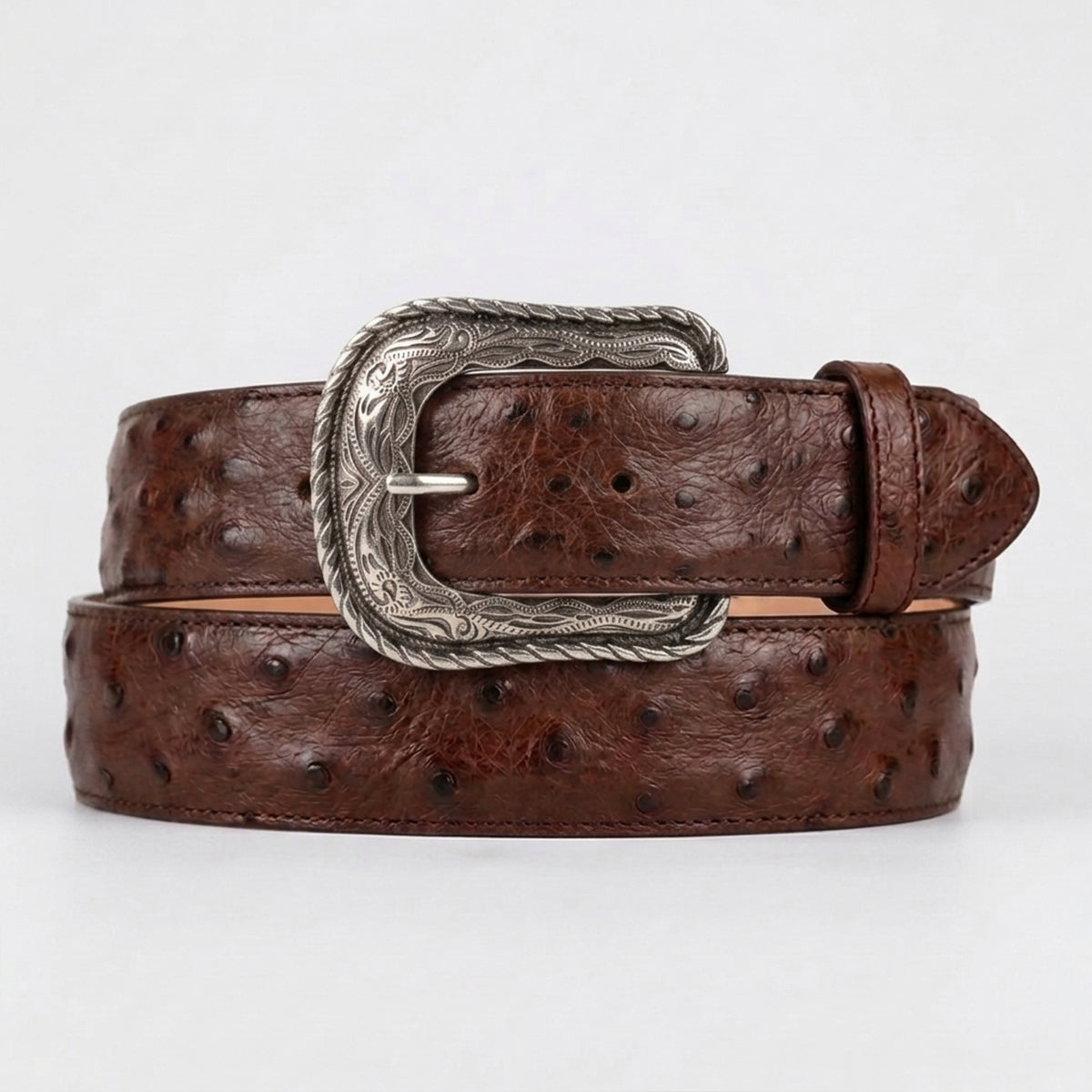 Los Altos men's Kango brown of full quill ostrich leather belt with a silver western heel-bar buckle.