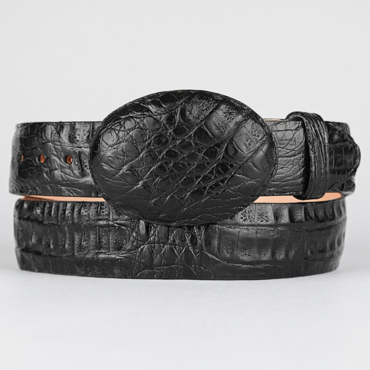 Los Altos men's black crocodile embossed leather belt with a large oval buckle, shown coiled on a light gray background.
