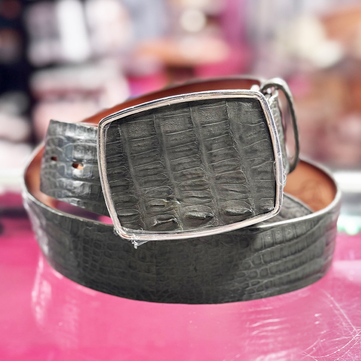 Los Altos men's grey caiman belly leather belt with rectangular silver-tone buckle.