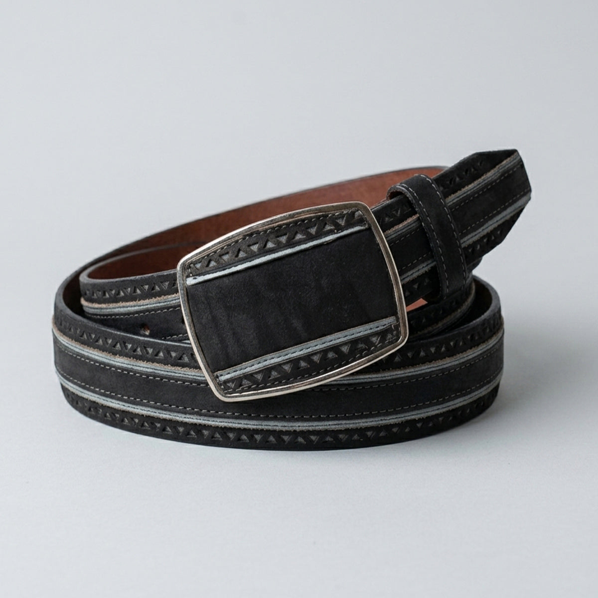 Los Altos black suede leather belt with a silver buckle on a light gray background.