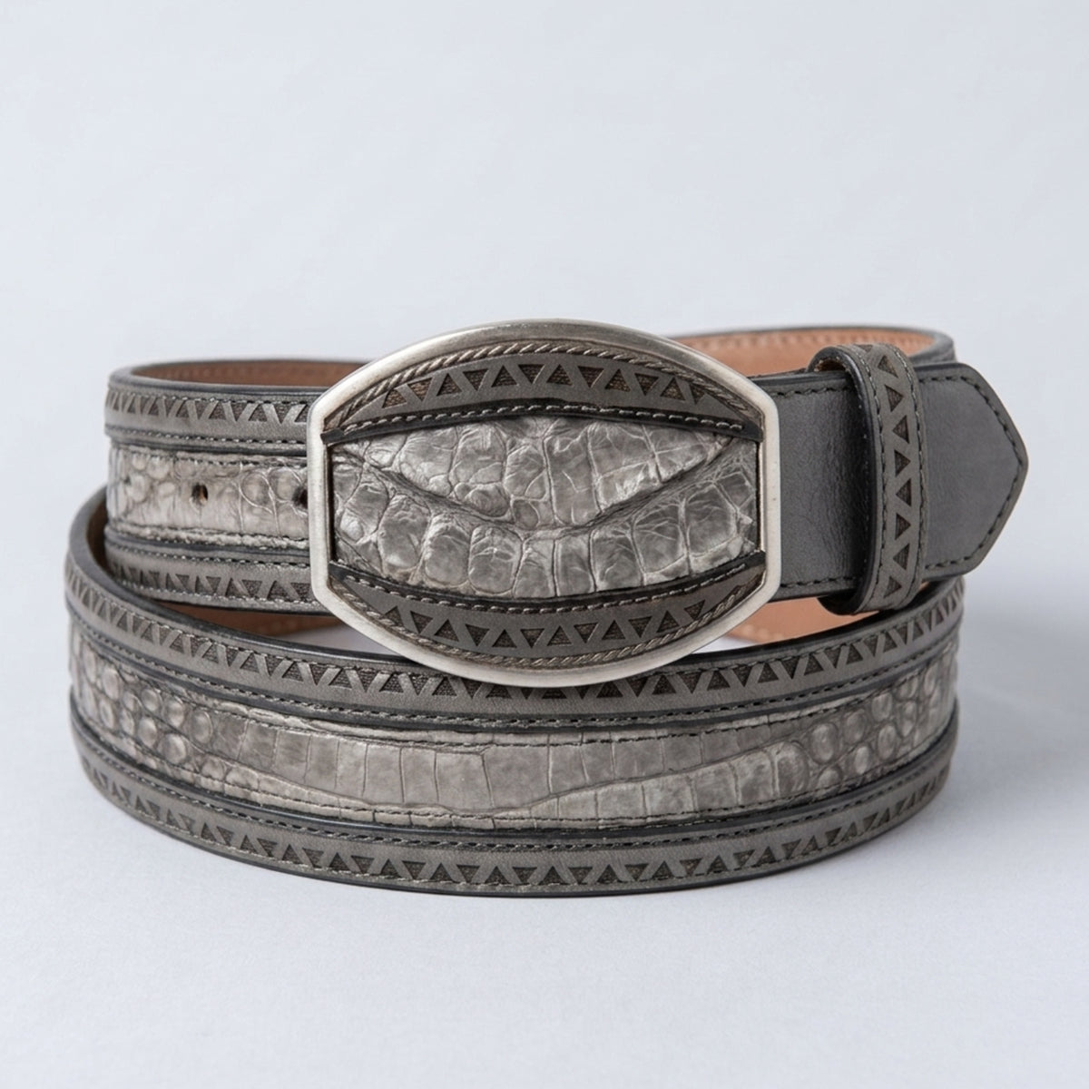 Los Altos men's Lisboa Grey genuine caiman belly leather belt showing a light slate-grey center, dark grey laser-carved borders, and a matching gold-tone inlay buckle.