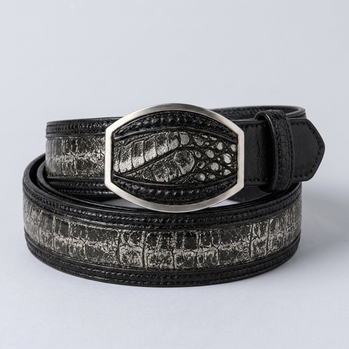 Los Altos men's black and distressed silver-grey caiman belly leather belt with a laser-stitched border and a clipped-corner matching inlay buckle.
