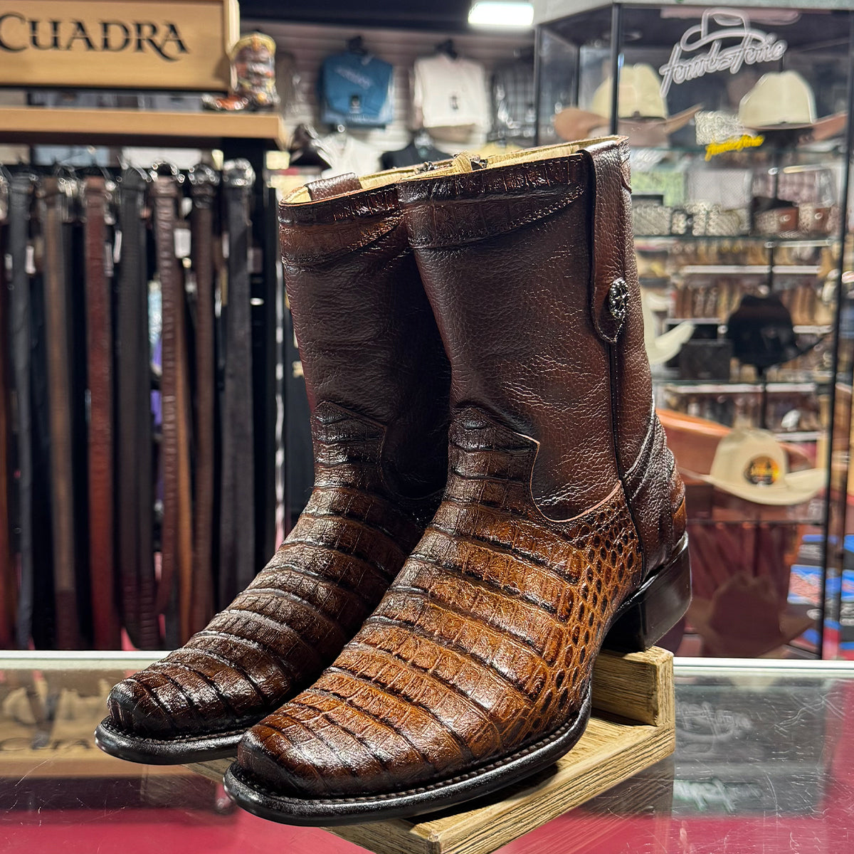 Brown Caiman Print Semi Square Toe Boots