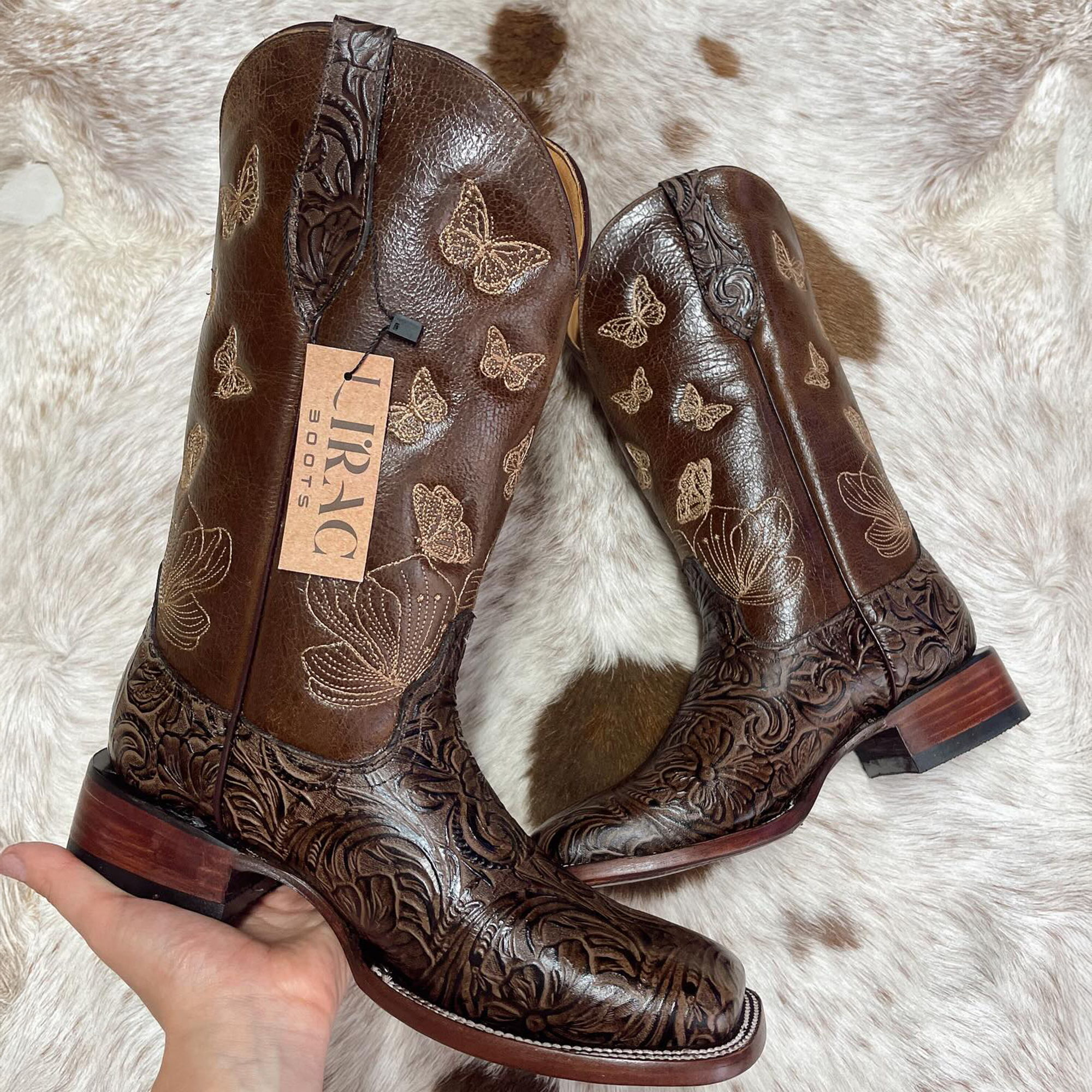 Rosario Brown Tooled Square Toe Cowgirl Boots