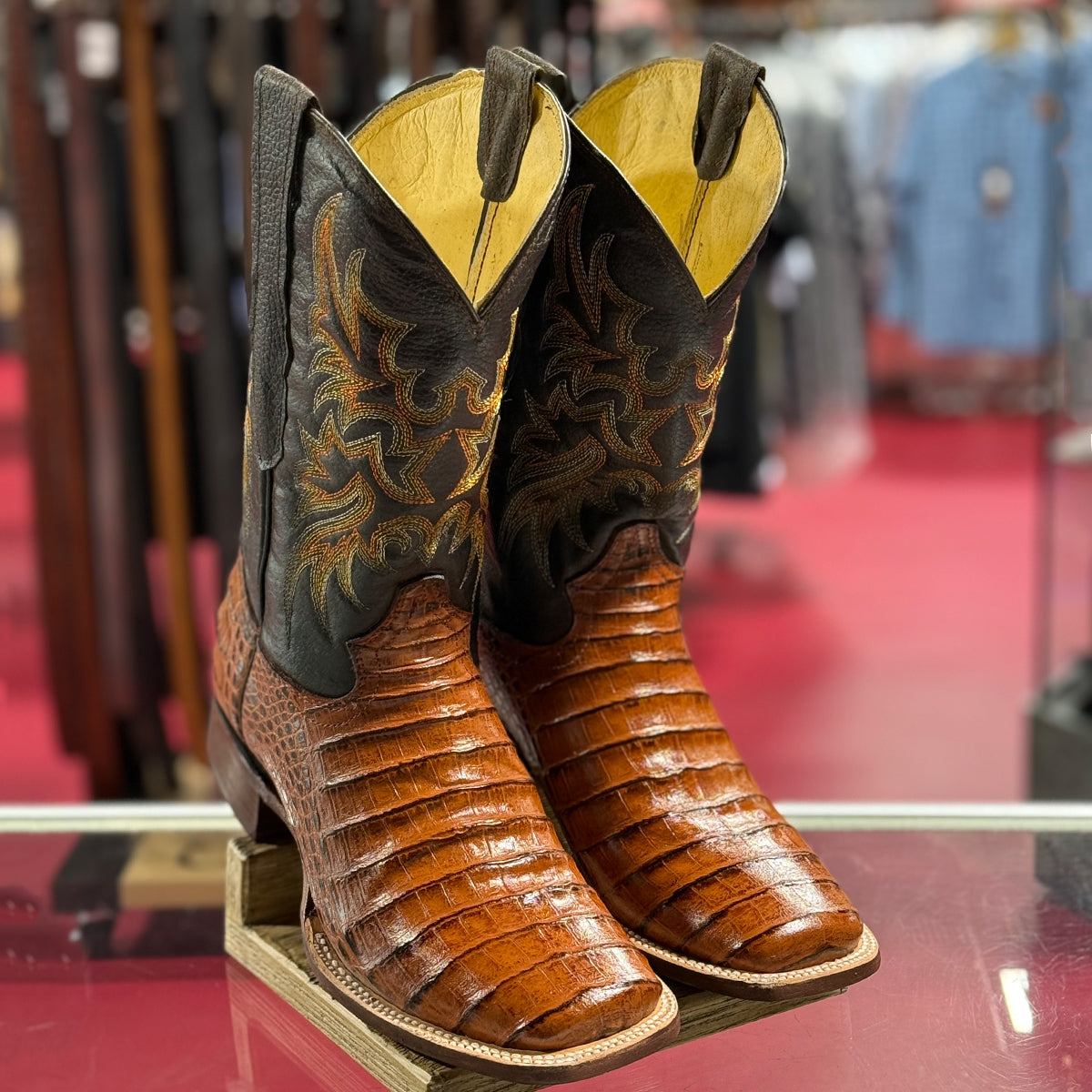 Mens Square Toe Boots Caiman Belly Print