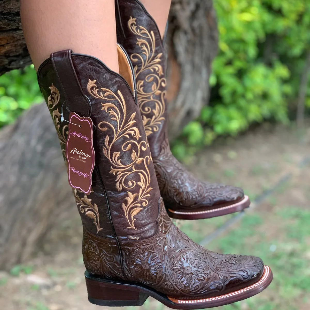 Abolengo Floral Print Tooled Cowgirl Boots