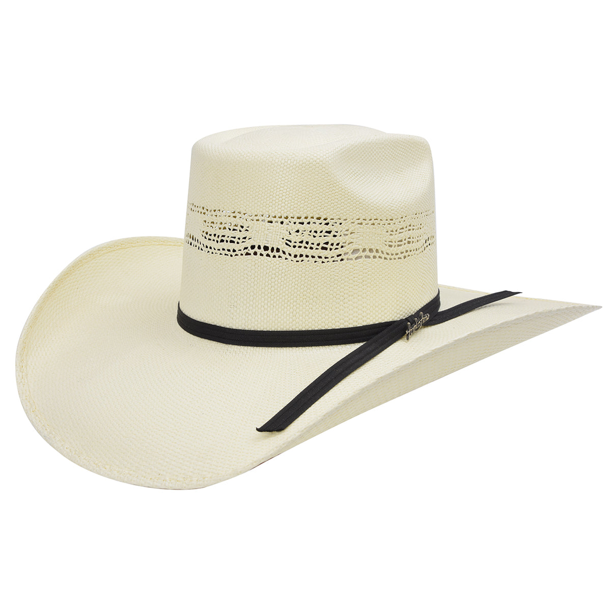 Tombstone Longhorn brick crown bangora straw cowboy hat with ribbon hat band.