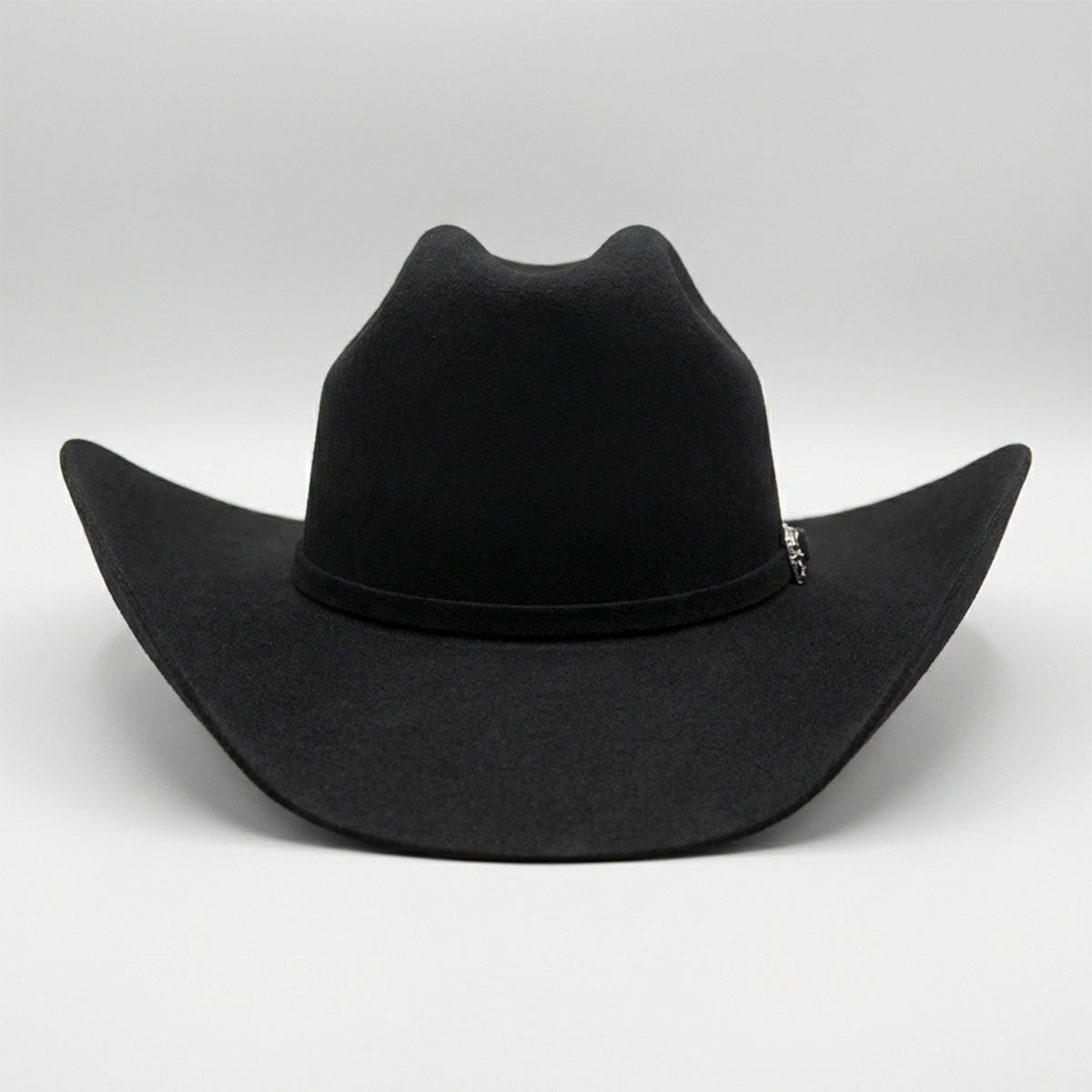 Front view of Cuernos Chuecos Black Felt Western Hat