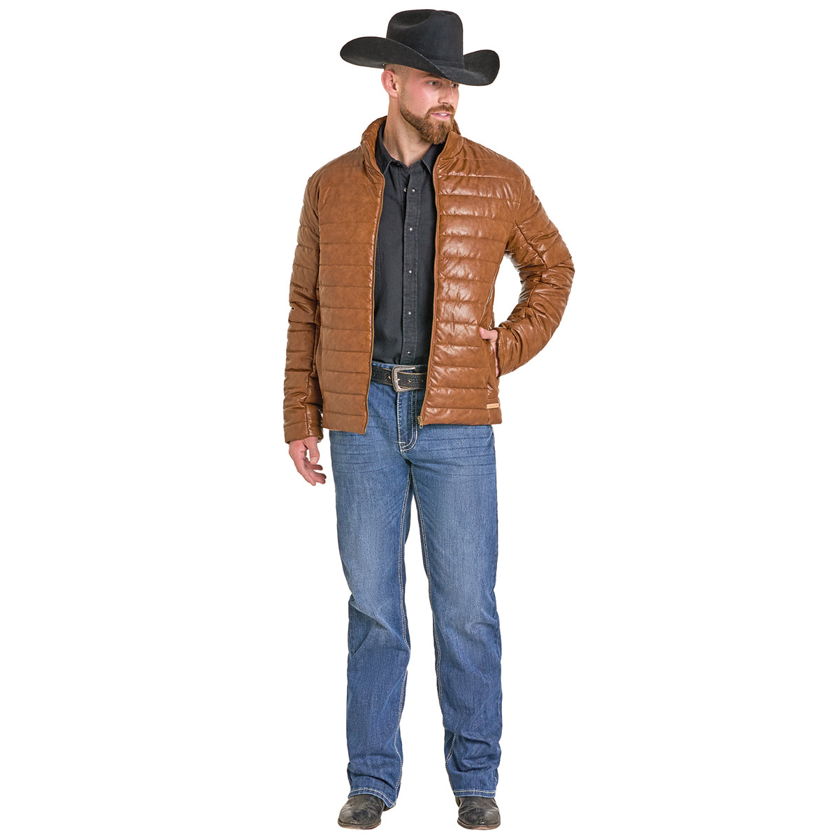 Model wearing Distressed Faux Leather Puffer Jacket