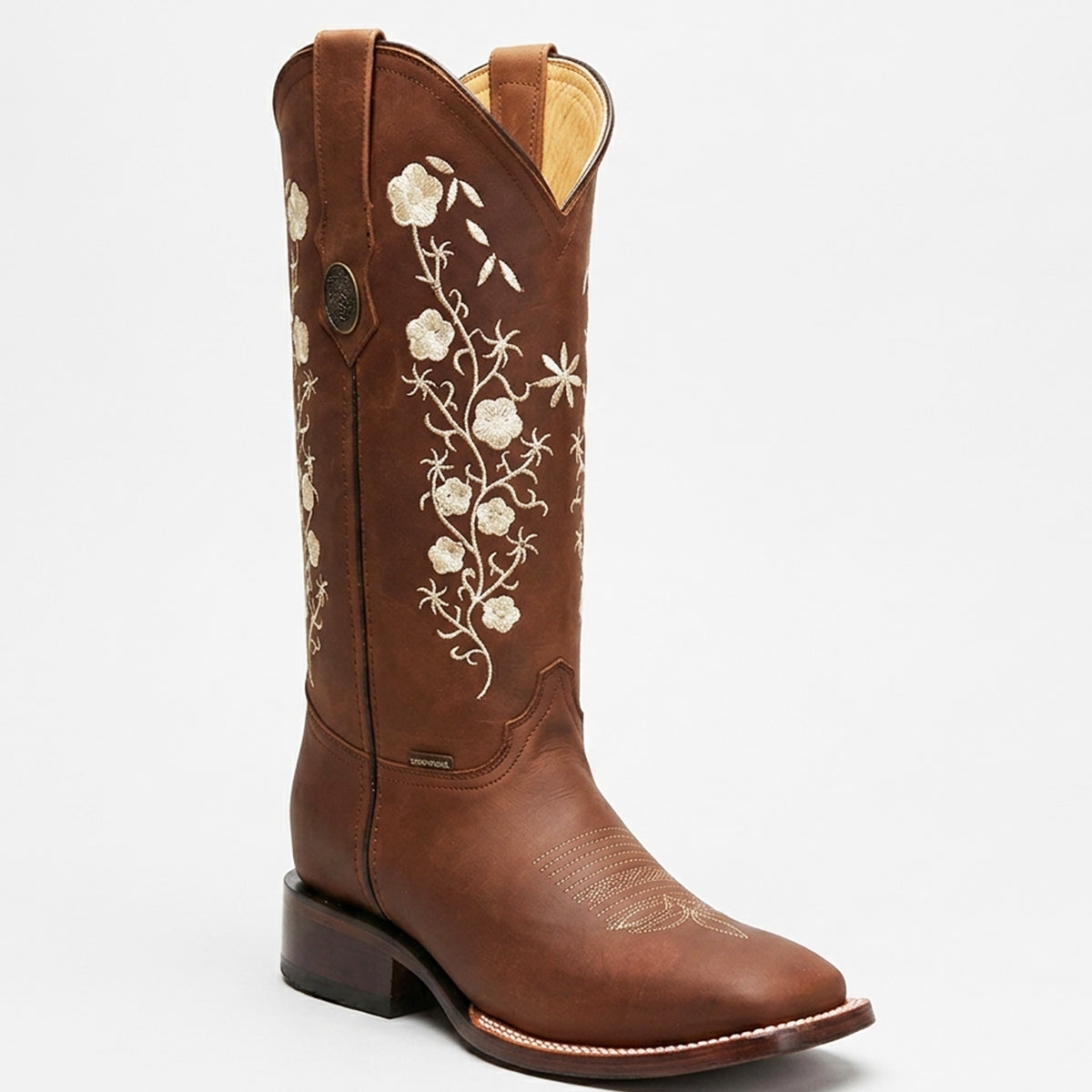 Doble R Dalia Cobre women's copper-brown leather square toe cowgirl boot decorated with floral embroidery along the 11-inch upper shaft.