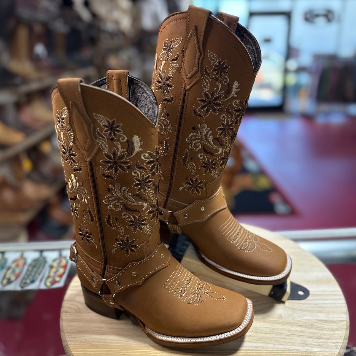 Side view of Flowered Embroidered Women's Square Toe Boots Brown