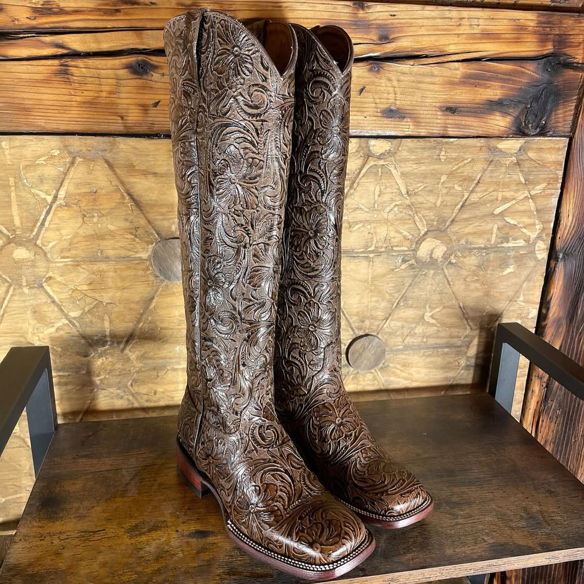 Brown Tall Tooled Square Toe Cowgirl Boots
