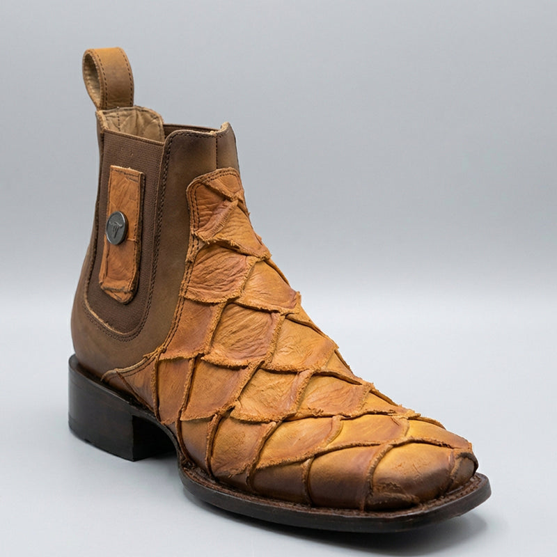 Hooch Men's Brown Pirarucu Fish Print Western Square Toe Chelsea Boot