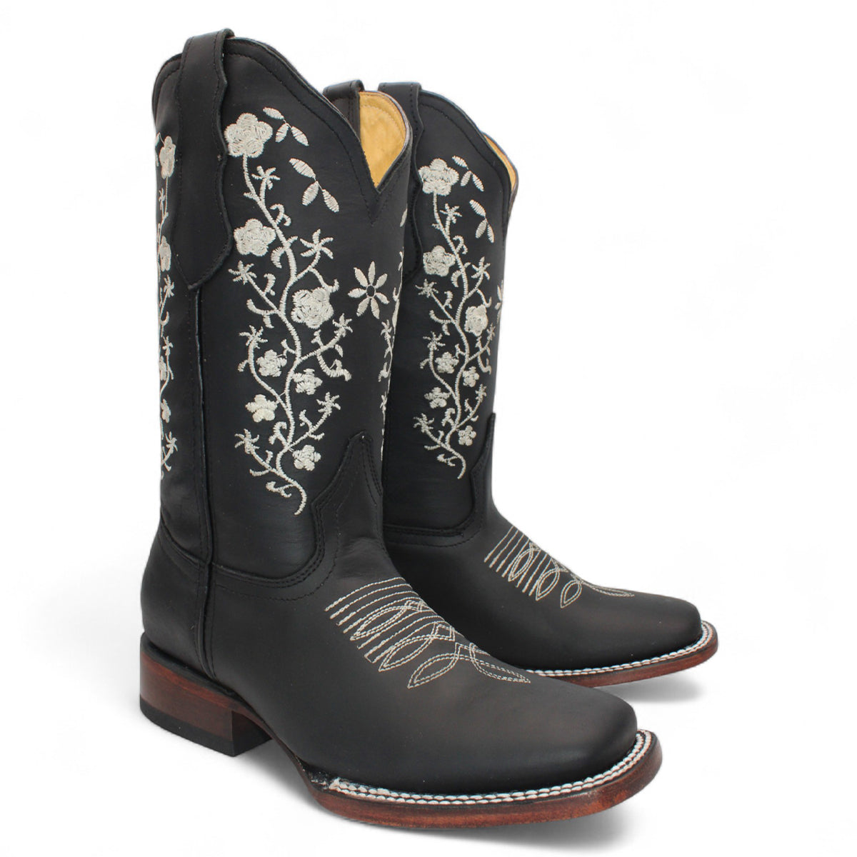 Hooch Flowered Black Square Toe Cowgirl Boots