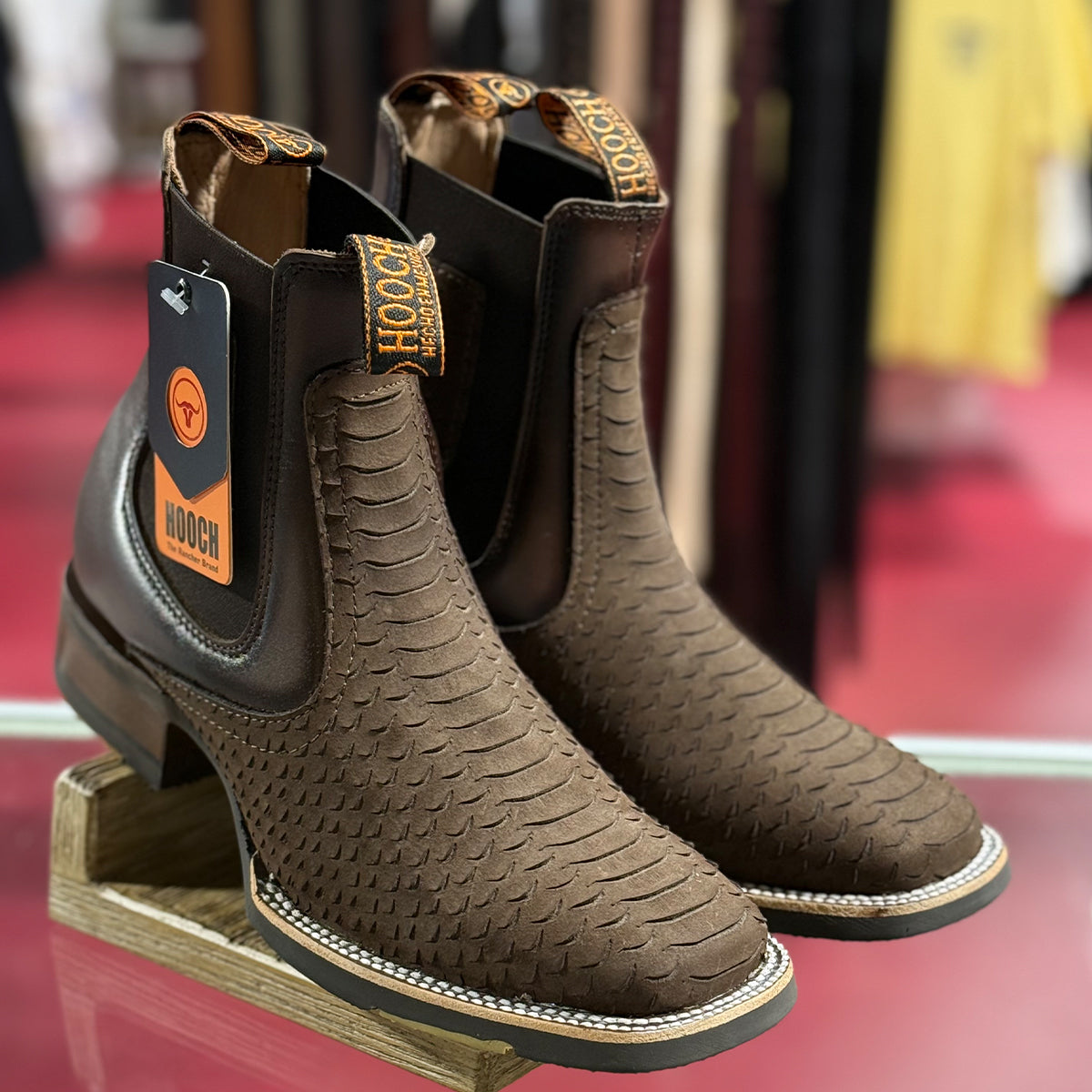 Hooch Mate Tan Brown Python Print Square Toe Boots