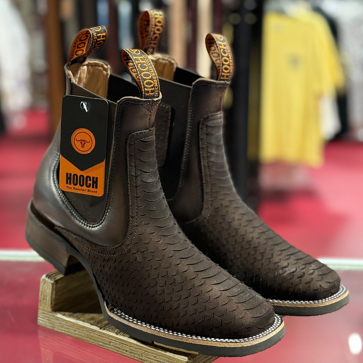 Hooch Chocolate Brown Python Print Square Toe Boots