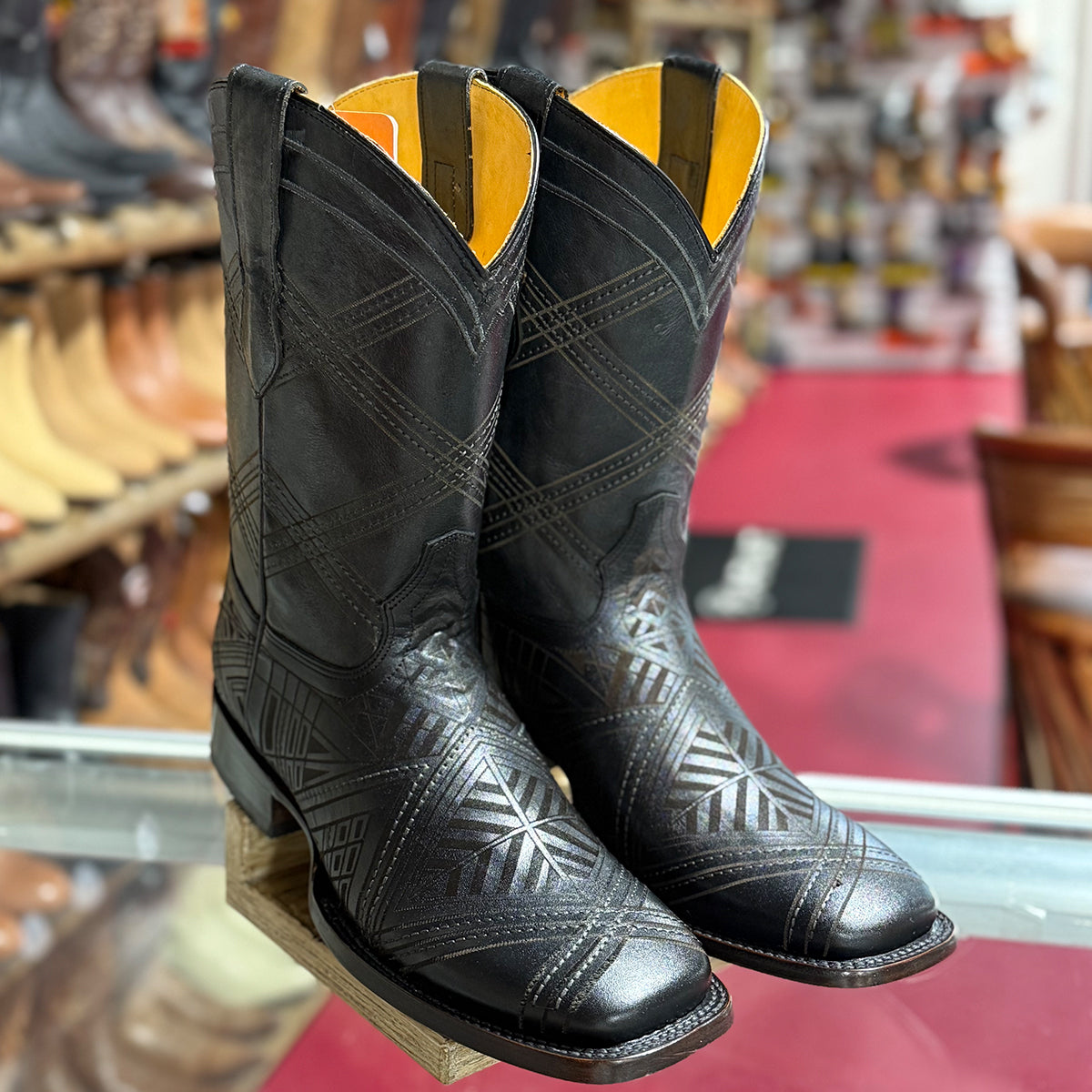 Laser Engraved Black Square Toe Cowboy Boots