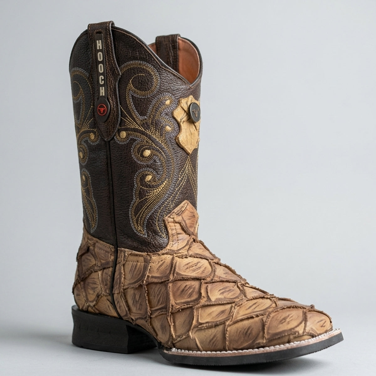 Men's light brown Pirarucu print square toe cowboy boot.