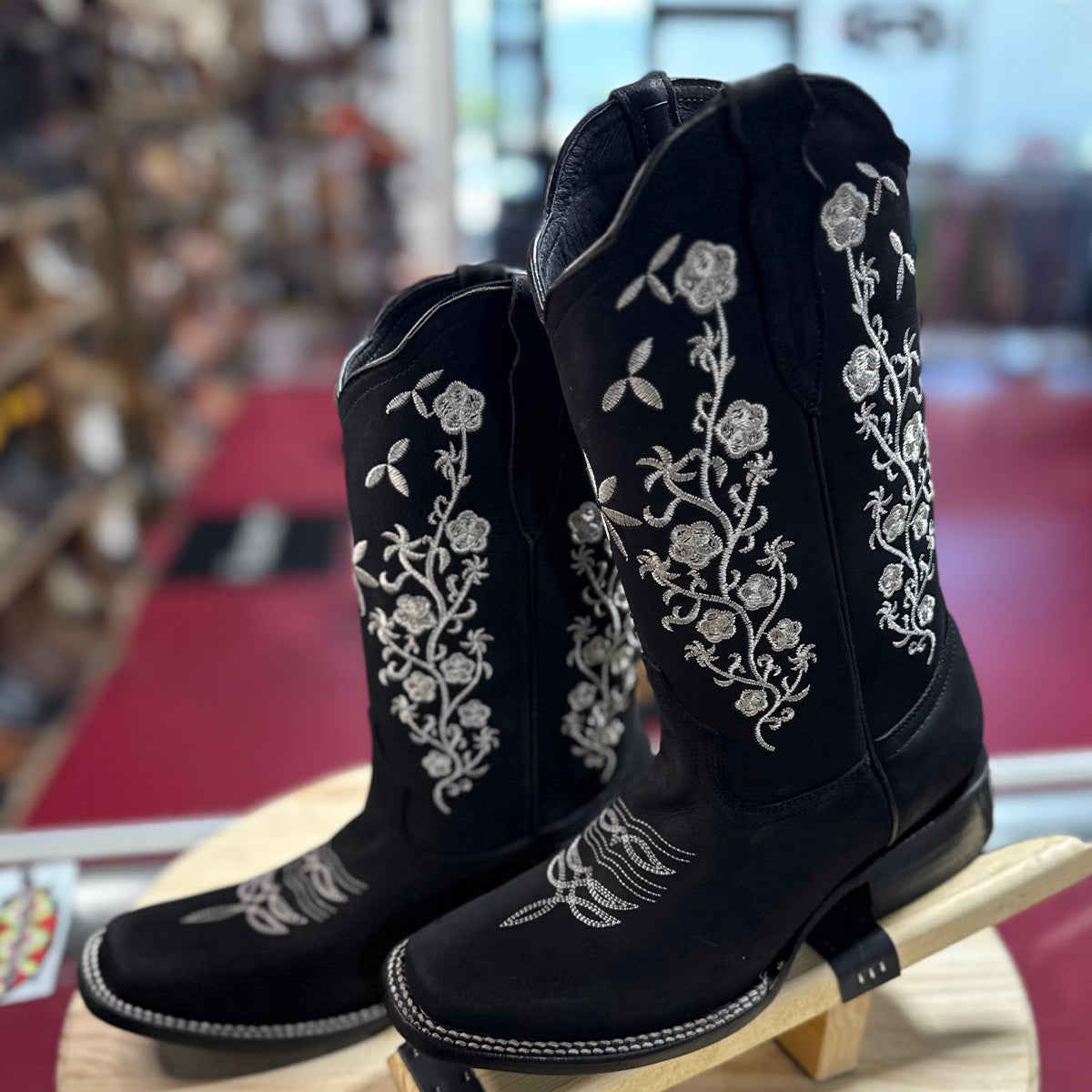Side view of Flower Embroidered Black Square Toe Boots