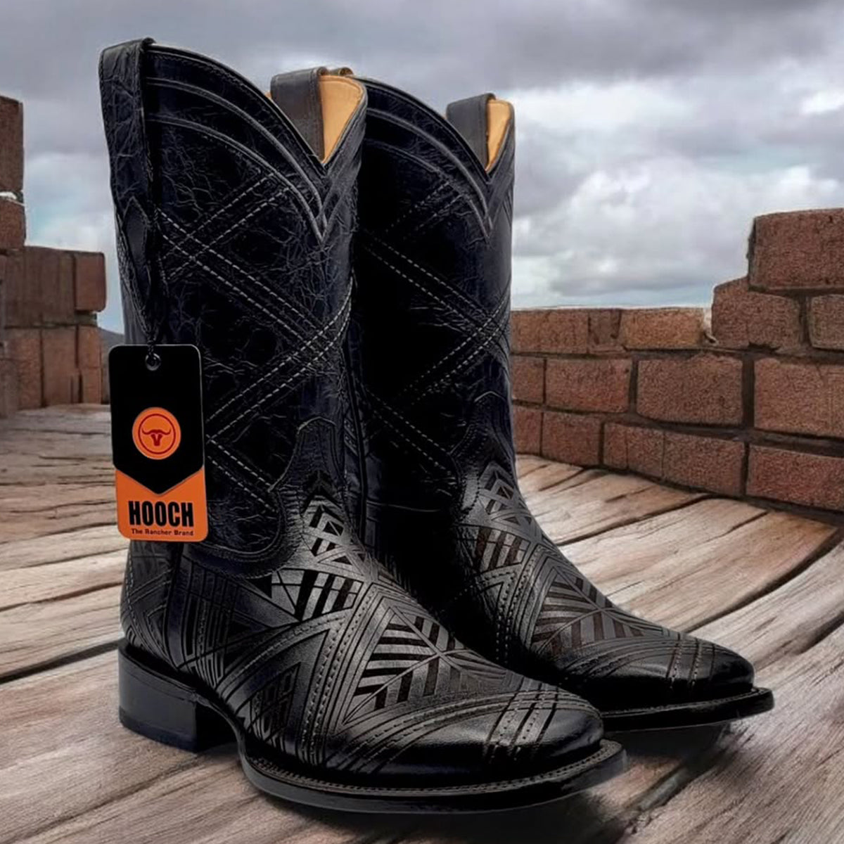 Laser Engraved Black Square Toe Boots