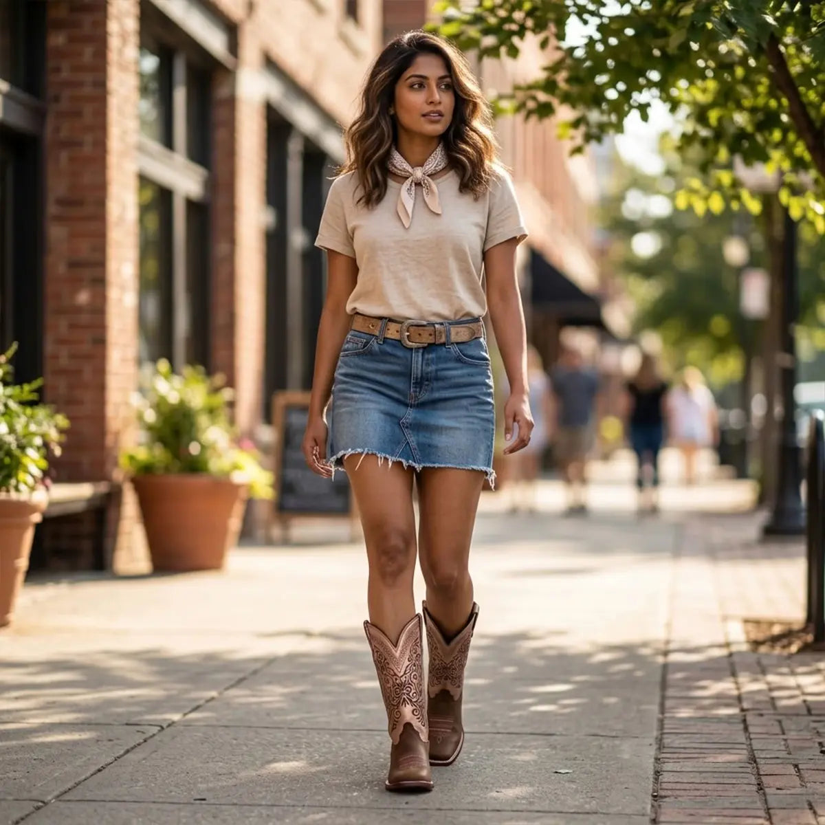 Lifestyle shot of a woman walking on a sunny sidewalk wearing a denim skirt and Botas Doble R Ivanna Crazy Cafe cowgirl boots, showcasing the boots' brown square toe and metallic embroidered shaft in an outdoor setting.