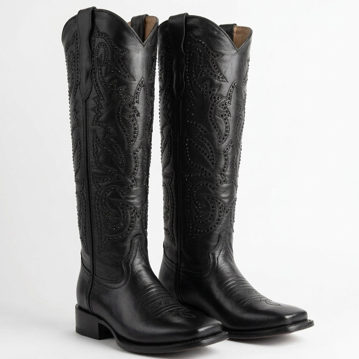 Lirac Dakota 17-inch women's black leather high shaft cowboy boots featuring tone-on-tone western embroidery with stud accents and a square toe profile.