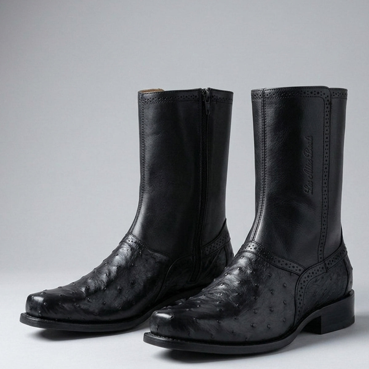 Los Altos Men's short black full quill ostrich leather dress boots featuring a round R-toe, brogue perforations, 9-inch shaft, and inner zipper closure.