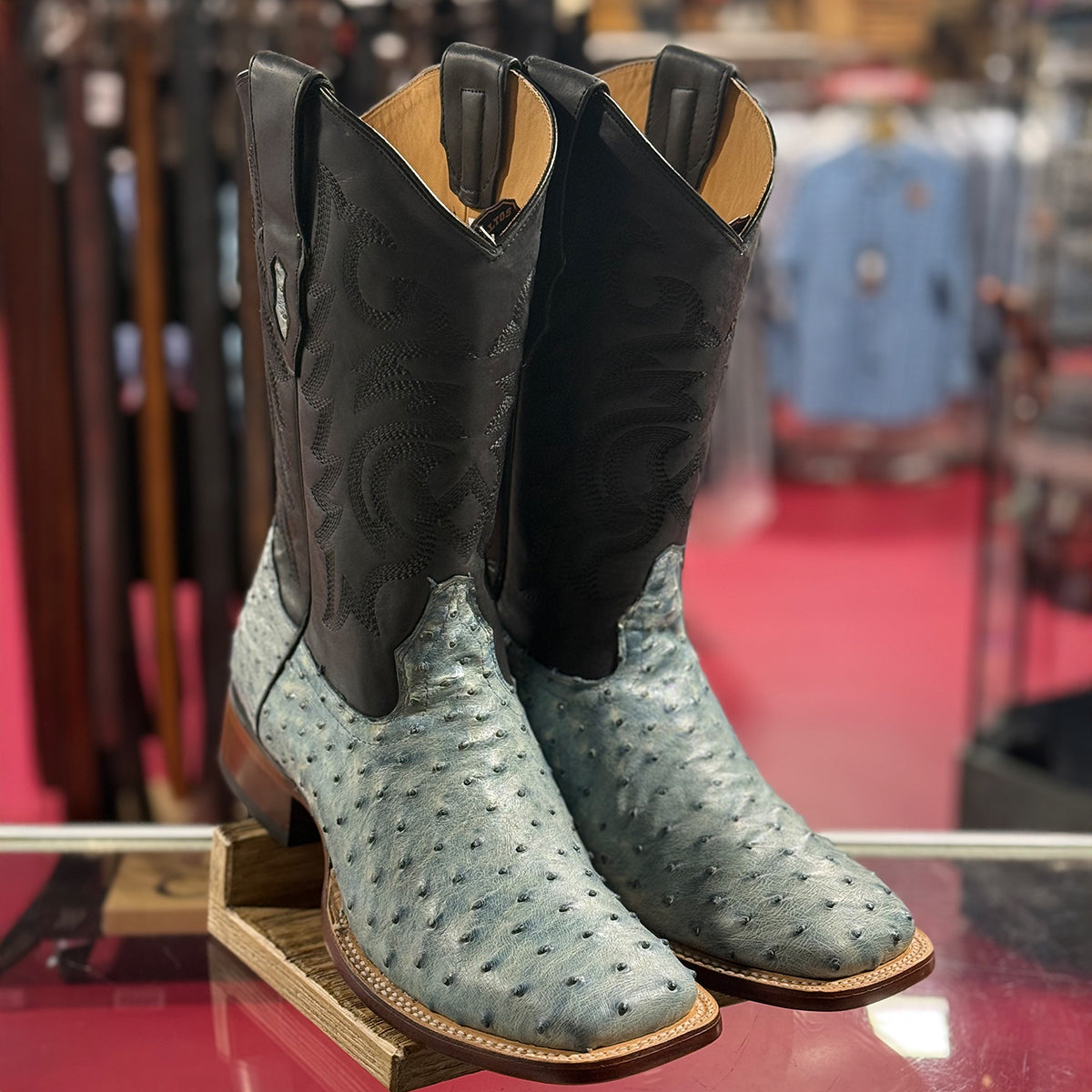 Los Altos blue ostrich square toe boots