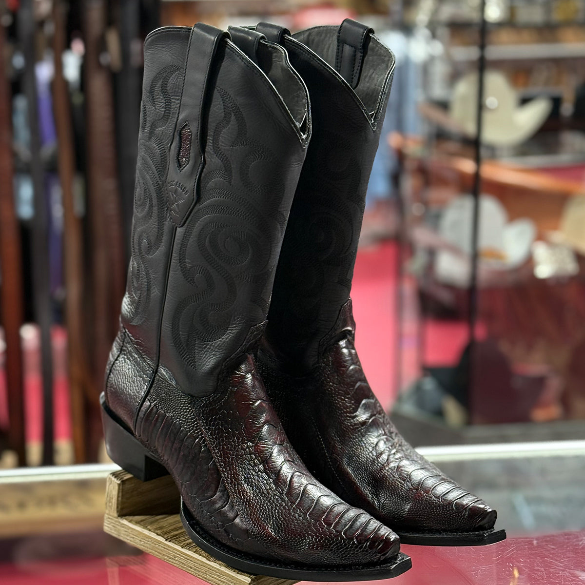 Los Altos Ostrich Leg Snip Toe Cowboy Boots Black Cherry