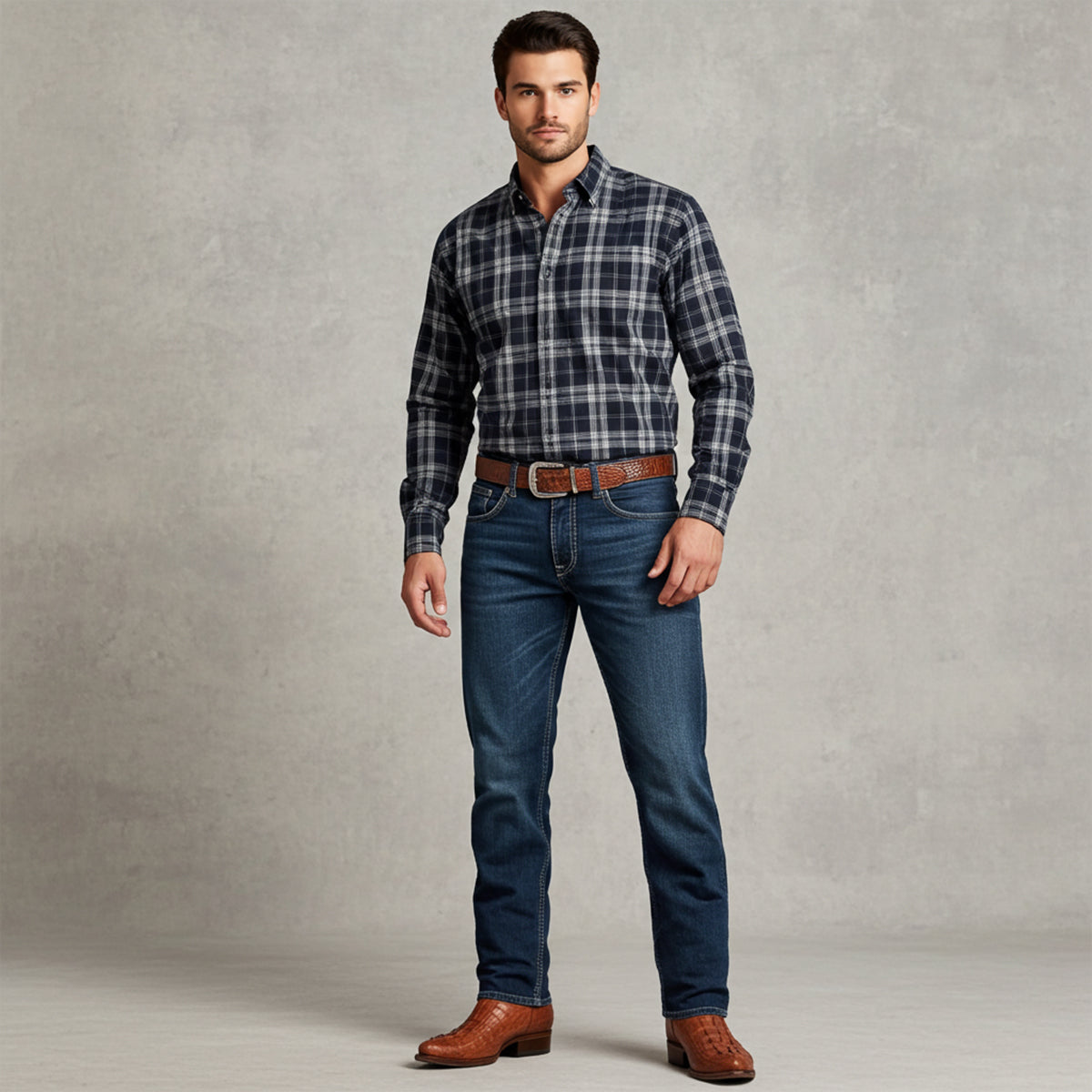 Man wearing Crocodile print cowboy boots with western outfit