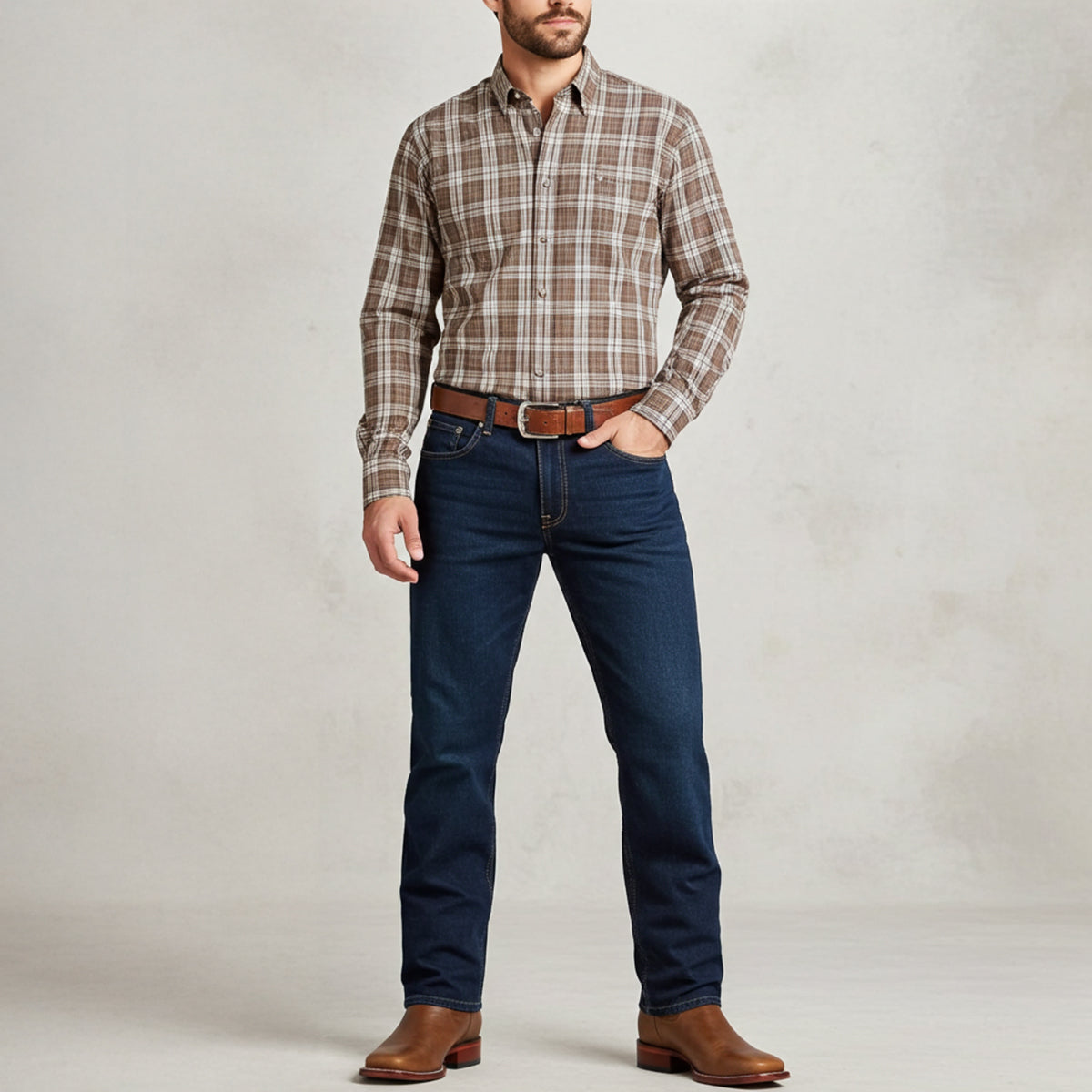 Man wearing light brown square toe cowboy boots