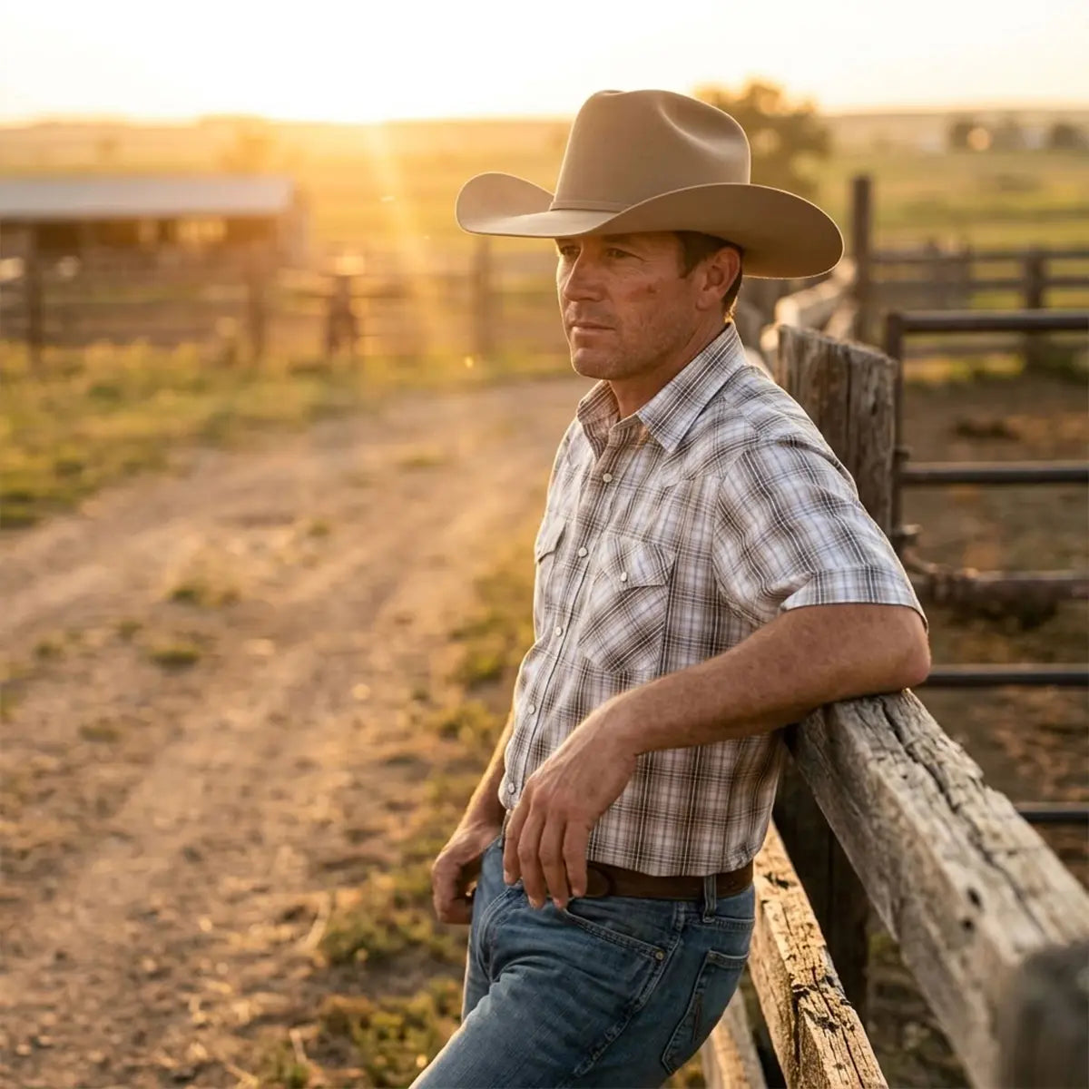Outdoor lifestyle view of a cowboy wearing a Stetson 6X Skyline fawn felt hat while leaning against a wooden fence on a ranch at sunset.