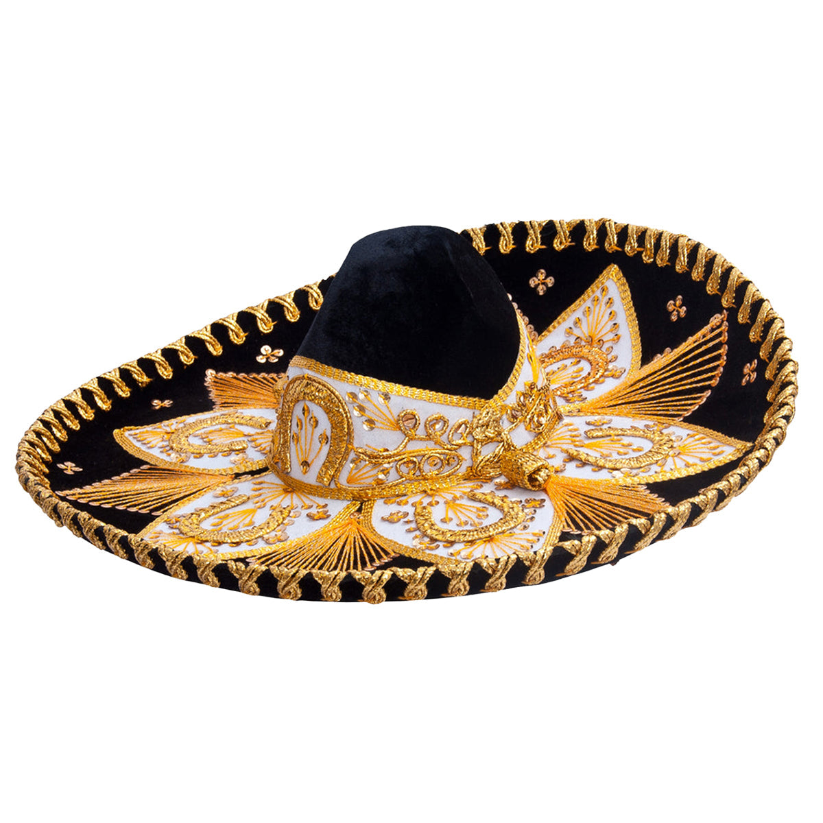 Mariachi hat with black and gold embroidery.