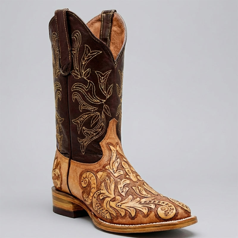 White Diamonds natural color hand tooled square toe boot.
