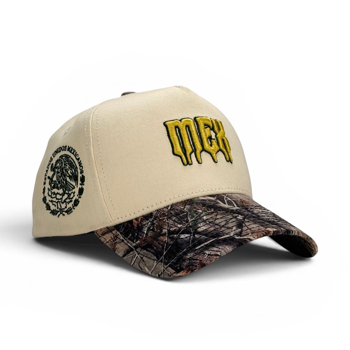 Mexico beige and camouflage cap with 'MEX' logo on a white background.