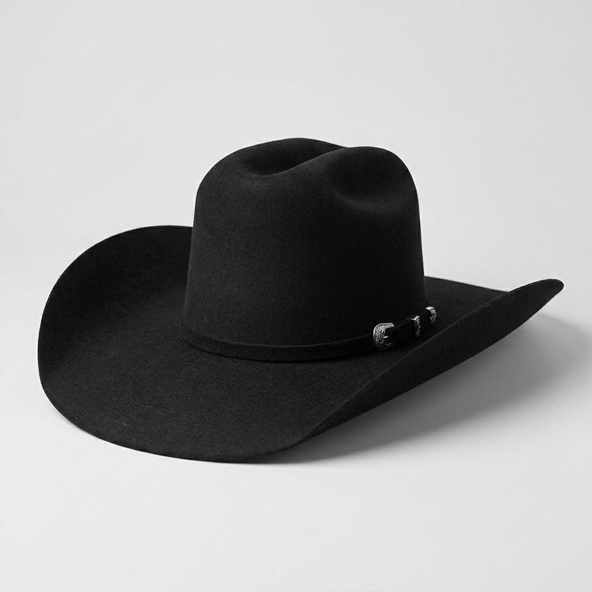 Abolengo men's black wool felt cowboy hat with a high 5 1/4 inch Minnick crown, silver three-piece buckle set on matching hatband, and curved brim.