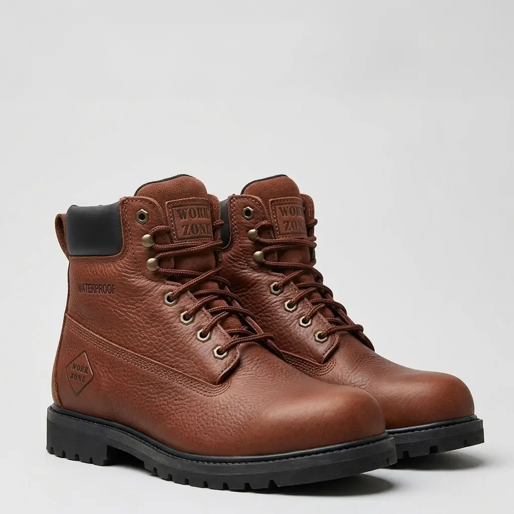 Studio pair view of the Work Zone 654 6-inch waterproof brown leather work boots shown from a three-quarter perspective.