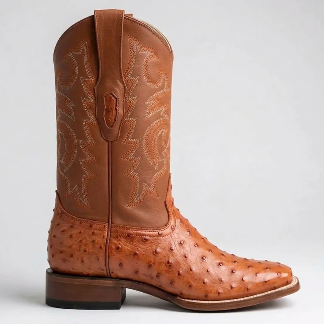 Side profile of the Los Altos Men's Cognac Full Quill Ostrich Western boot showcasing the wide square toe, 11-inch embroidered shaft, and raised quill texture.