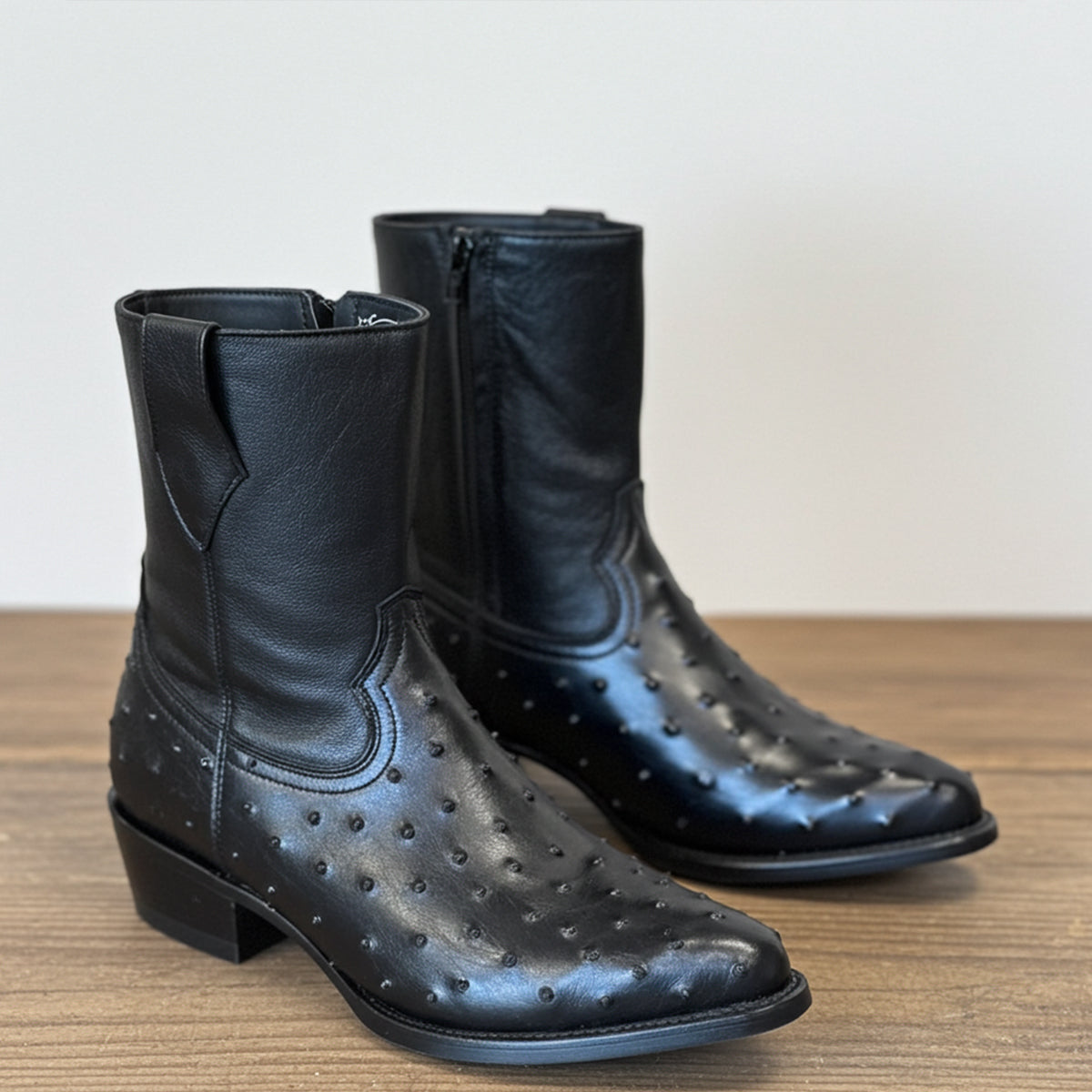 Black Ostrich Print Boots Low Ankle