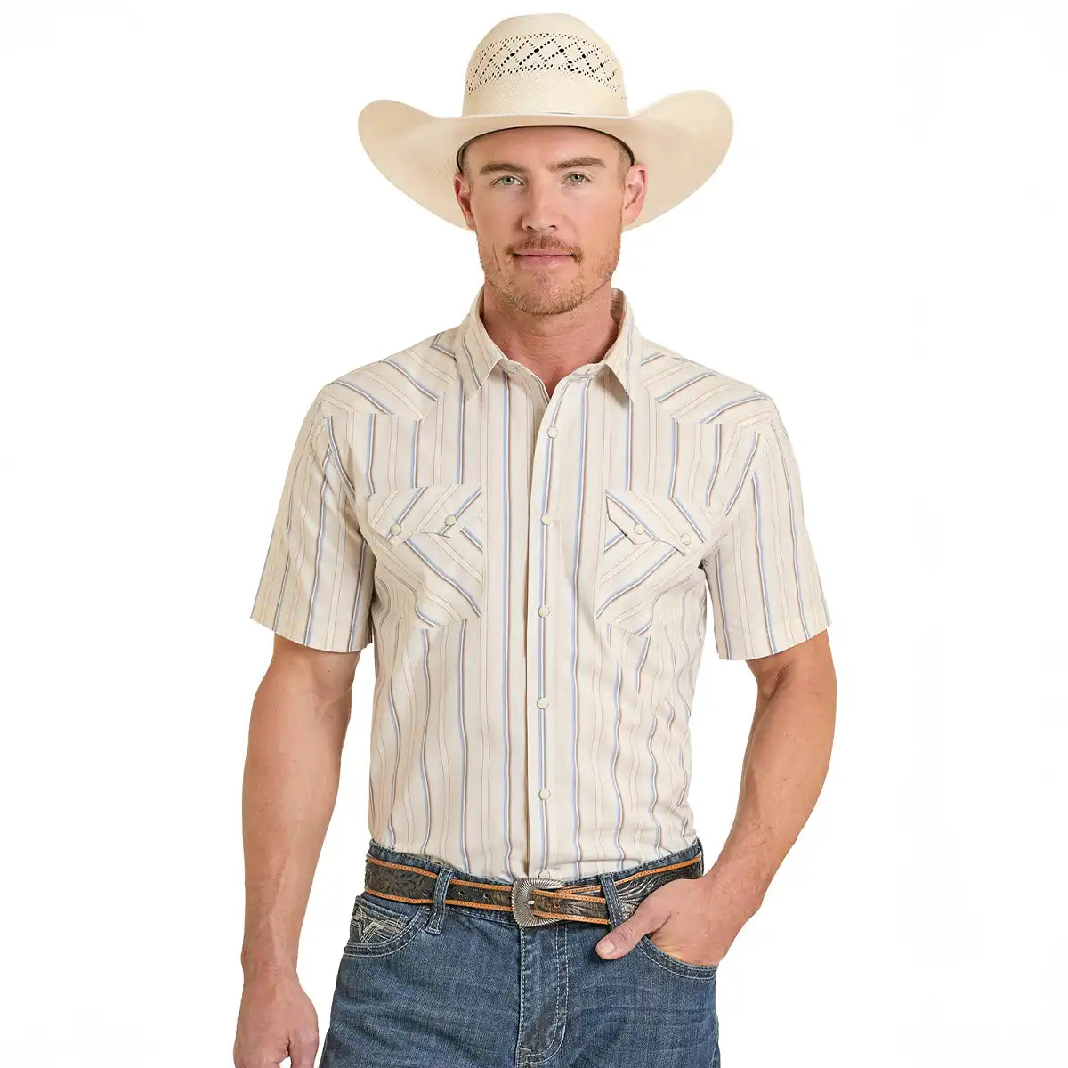 Front view of a model wearing the Panhandle Slim men's vintage stripe short sleeve Western snap shirt with blue jeans and a straw cowboy hat.