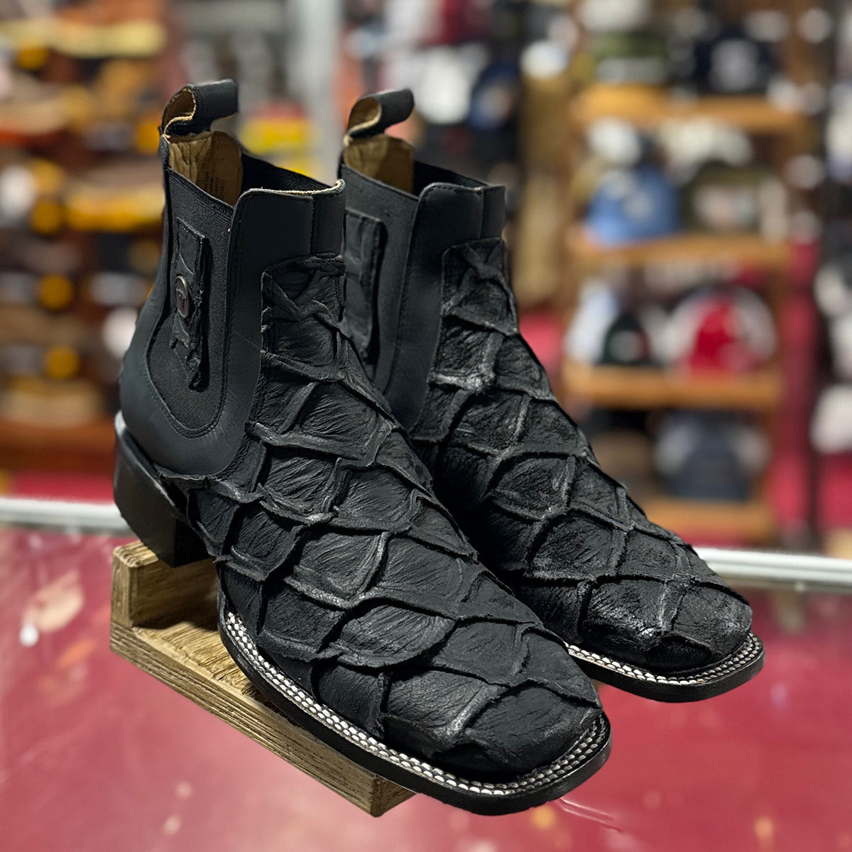 Black Pirarucu Print Short Square Toe Cowboy Boots