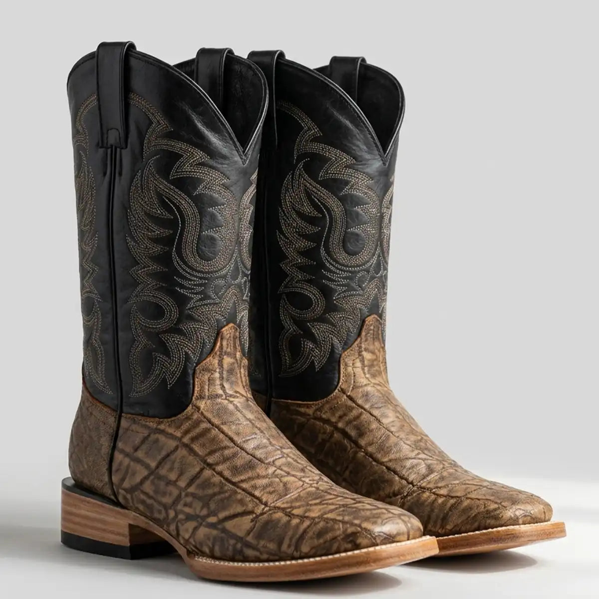 Quincy Men's elephant print square toe boots showing the textured vamp and double-stitched welt.