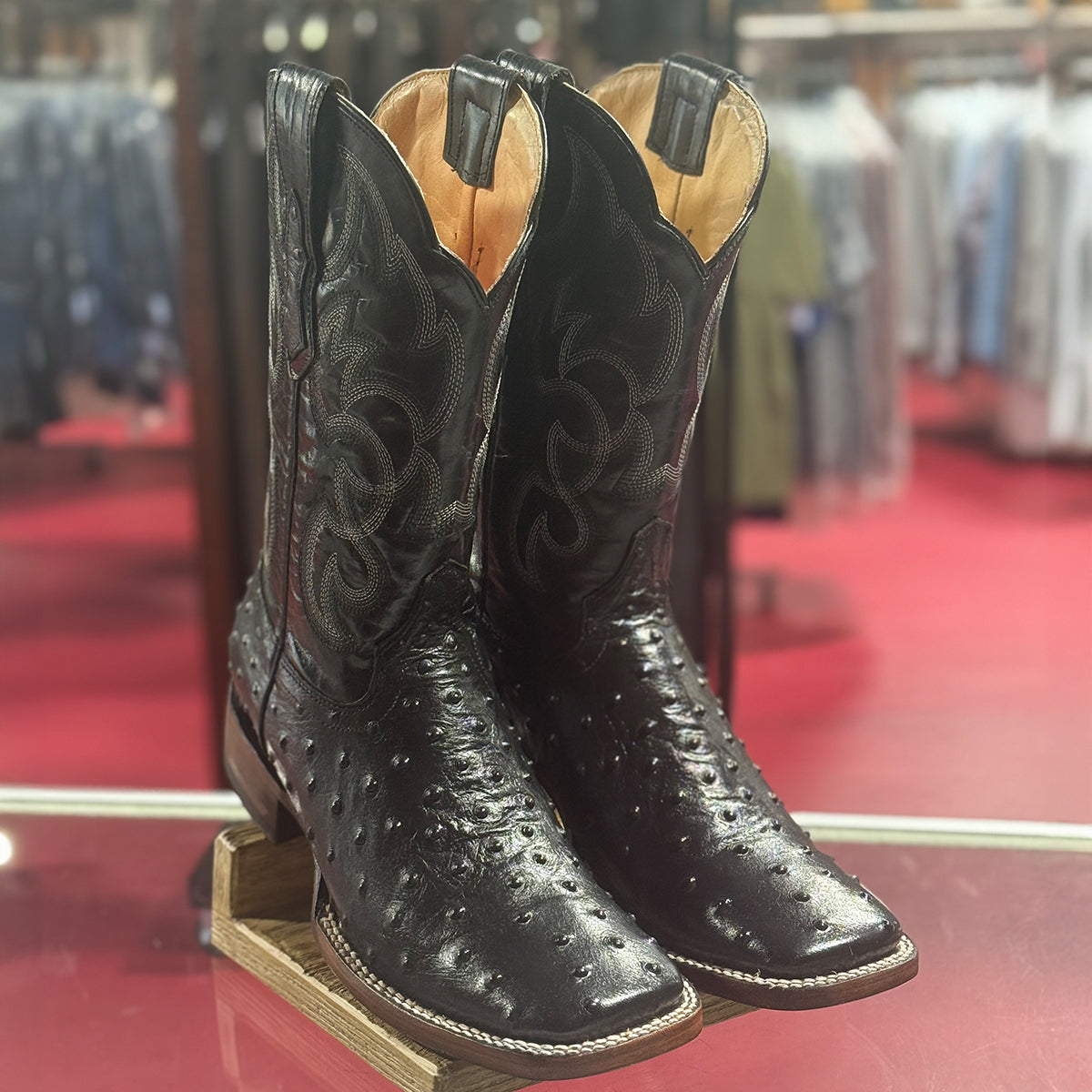 Quincy Ostrich Print Square Toe Boots