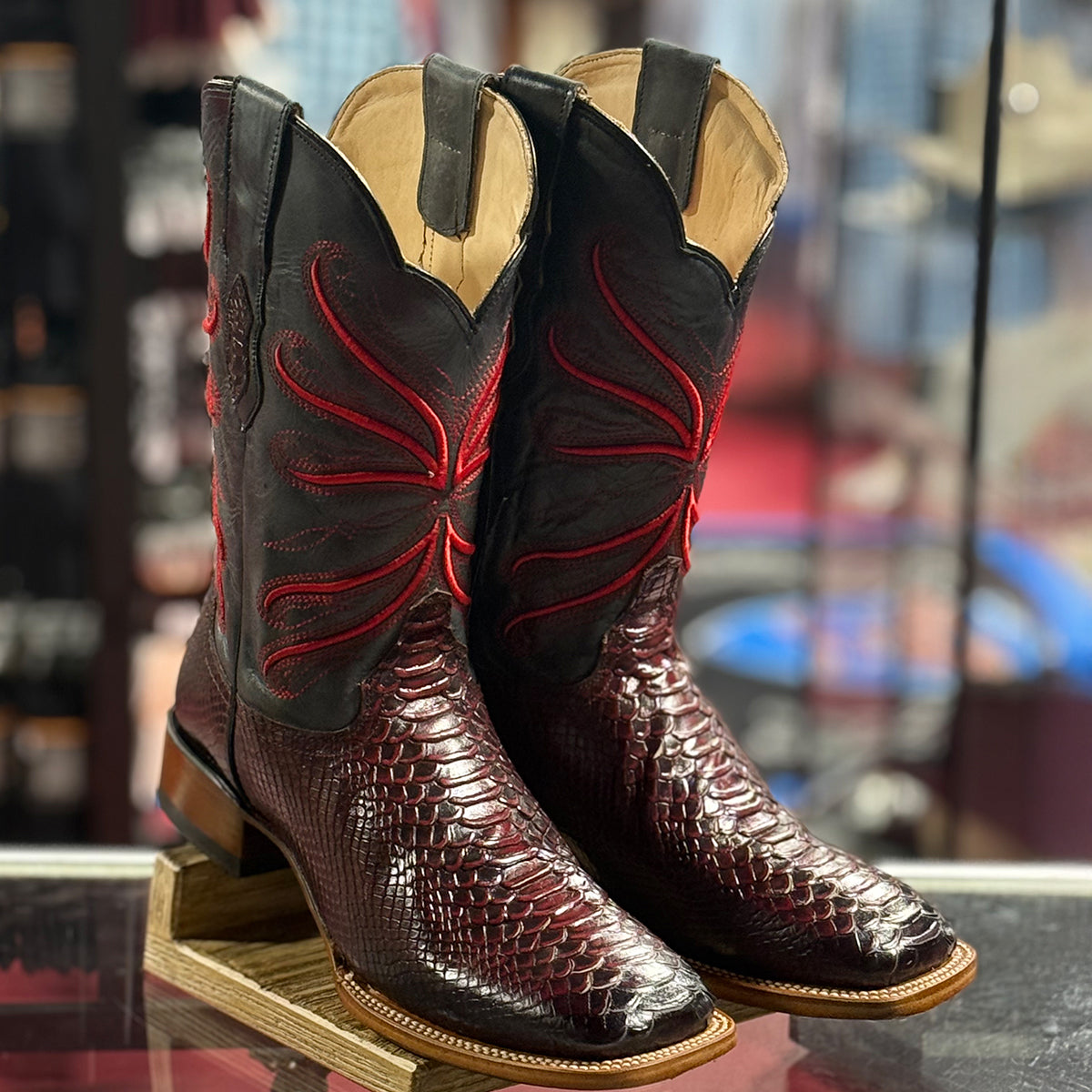 Men's Genuine Leather Python Print Square Toe Cowboy Boots – Western Style