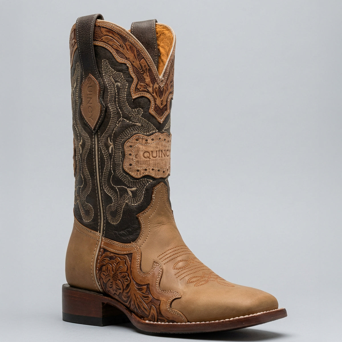 Quincy Tan Brown Men's Hand-Tooled Square Toe Cowboy Boot