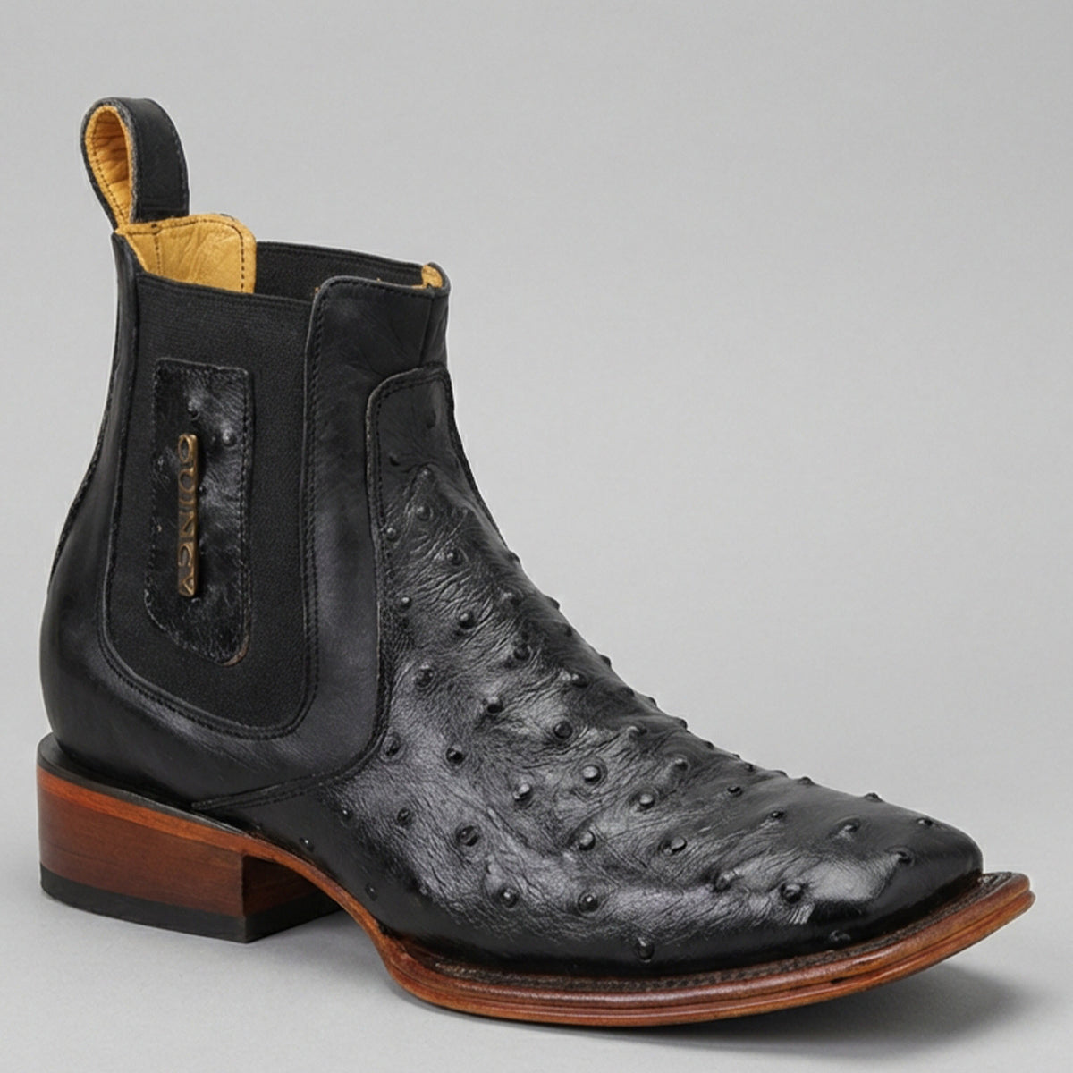 Men's Black Ostrich Print Chelsea Square Toe Boot