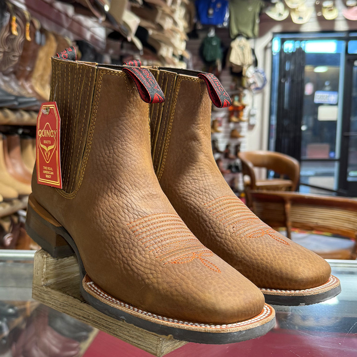 Brown Chelsea square toe boots