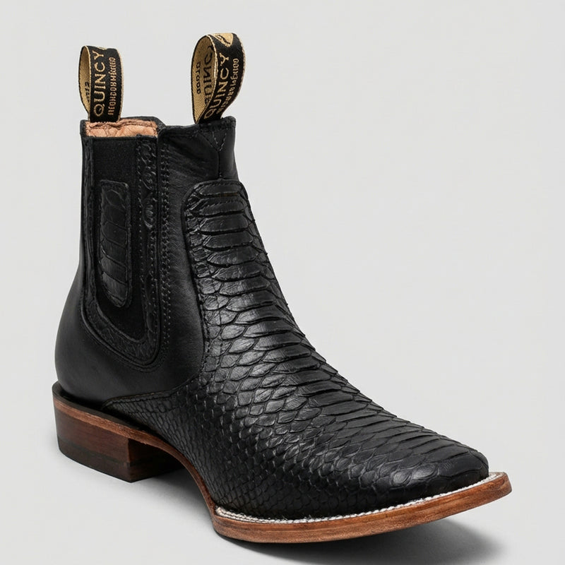 Men's Black Python Print Short Cowboy Boot Square Toe